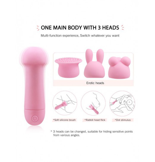 Нежно-розовый мини-вибратор Nana с 3 насадками - 10,6 см. Нежно-розовый мини-вибратор Nana с 3 насадками - 10,6 см.