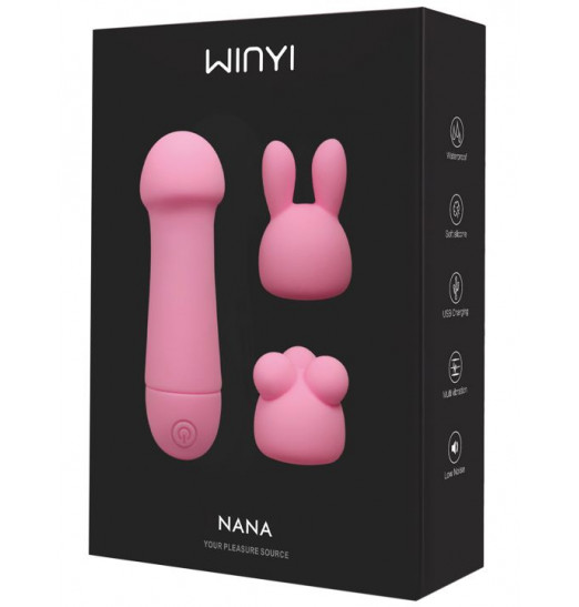 Нежно-розовый мини-вибратор Nana с 3 насадками - 10,6 см. Нежно-розовый мини-вибратор Nana с 3 насадками - 10,6 см.