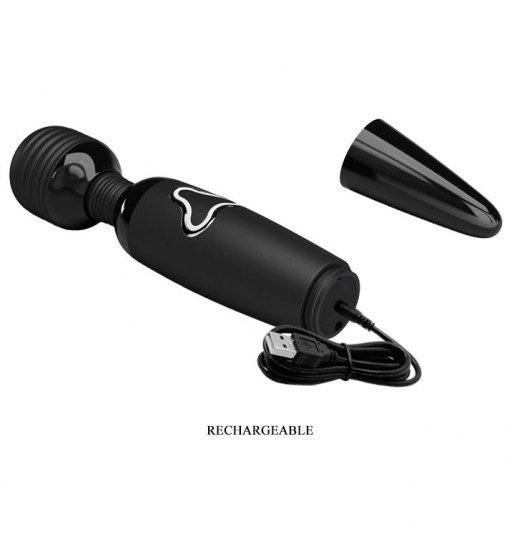 Черный жезловый вибромассажер с ребристой головкой Body Wand - 25 см.