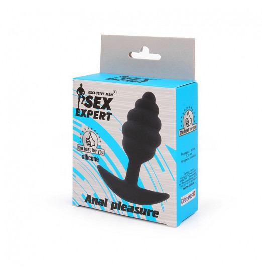 Черная ребристая анальная втулка с ограничителем - 9 см.