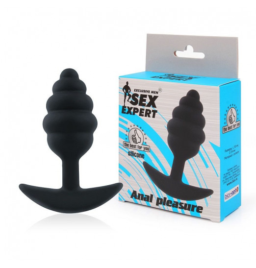 Черная ребристая анальная втулка с ограничителем - 9 см.