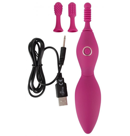 Ярко-розовый клиторальный вибратор с 3 насадками Spot Vibrator with 3 Tips - 17,9 см.