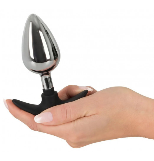 Хромированная анальная пробка с силиконовым ограничителем - 11,4 см.