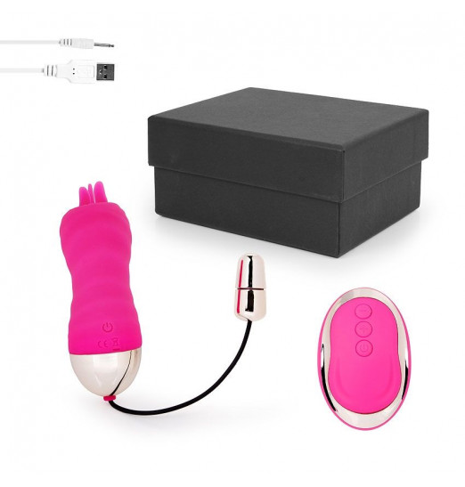 Ярко-розовое ребристое виброяйцо с пультом ДУ
