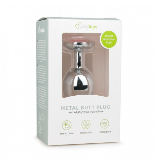 Серебристая анальная пробка Metal Butt Plug с розовым кристаллом - 8,4 см.