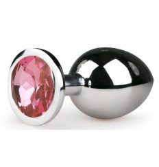 Серебристая анальная пробка Metal Butt Plug с розовым кристаллом - 8,4 см.