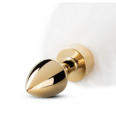 Золотистая анальная пробка с белым пушистым хвостом Fox Tail Plug