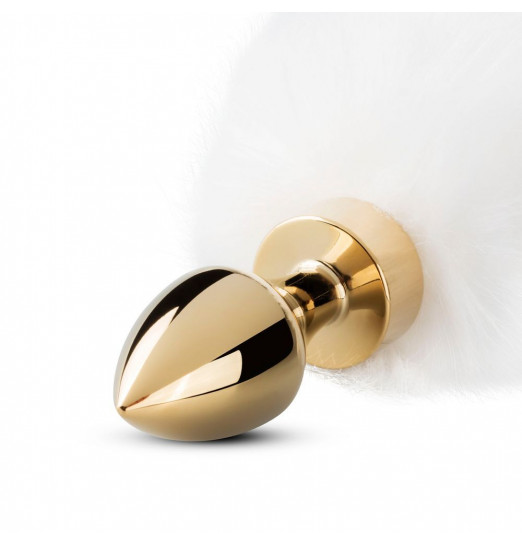 Золотистая анальная пробка с белым пушистым хвостом Fox Tail Plug