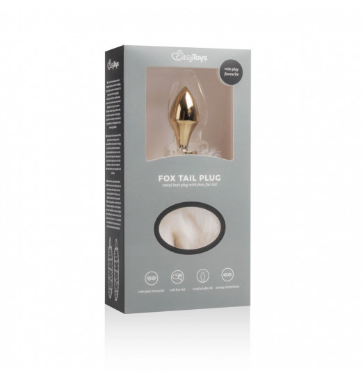 Золотистая анальная пробка с белым пушистым хвостом Fox Tail Plug