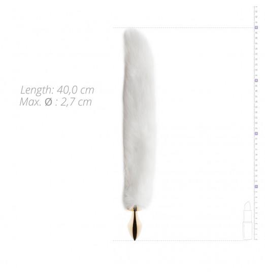 Золотистая анальная пробка с белым пушистым хвостом Fox Tail Plug