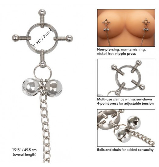 Металлические зажимы для сосков на цепочке Nipple Grips 4-Point Nipple Press with Bells