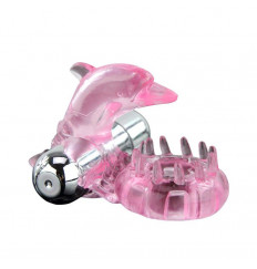 Розовое виброкольцо-дельфин с шипами