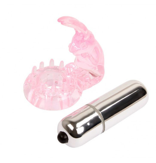 Эрекционное розовое виброкольцо с клиторальным зайчиком
