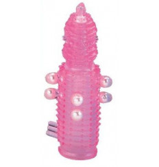 Розовая эластичная насадка на пенис с жемчужинами, точками и шипами Pearl Stimulator - 11,5 см.