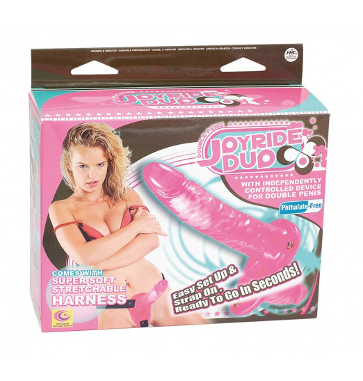 Поясной розовый виброфаллос с вагинальной пробкой - 17,5 см.