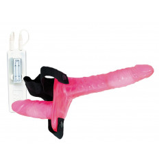 Поясной розовый виброфаллос с вагинальной пробкой - 17,5 см.
