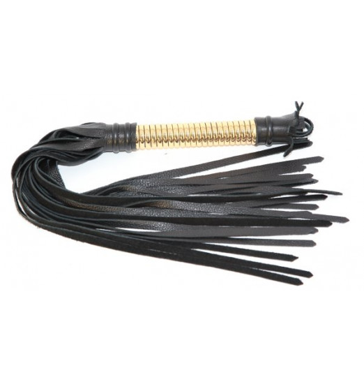 Чёрная плетка  из натуральной кожи с золотистой отделкой рукояти