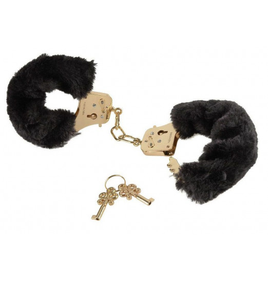 Наручники с чёрной меховой опушкой GOLD DELUXE FURRY CUFFS