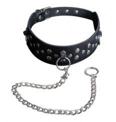 Кожаный чёрный ошейник с карабином и поводком