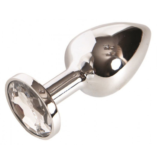 Малая серебристая анальная втулка с прозрачным кристаллом - 6 см.