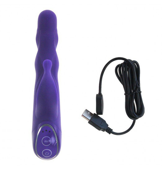 Фиолетовый вибромассажер с клиторальным стимулятором - 19 см.