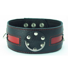 Чёрный кожаный ошейник с красной полосой и кольцами