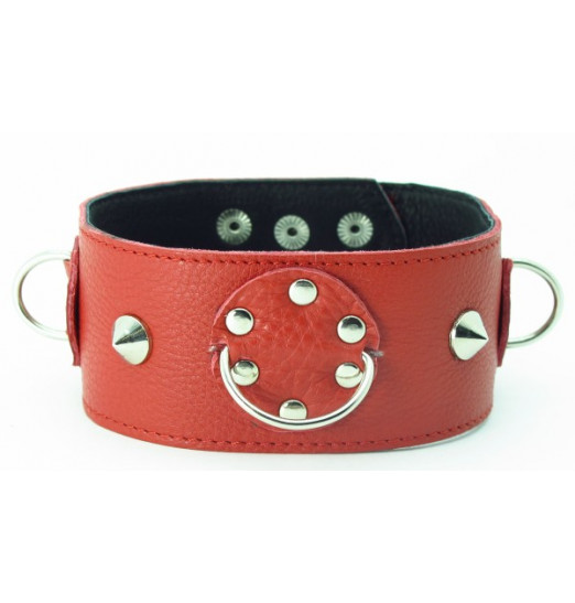 Красный кожаный ошейник с короткими шипами