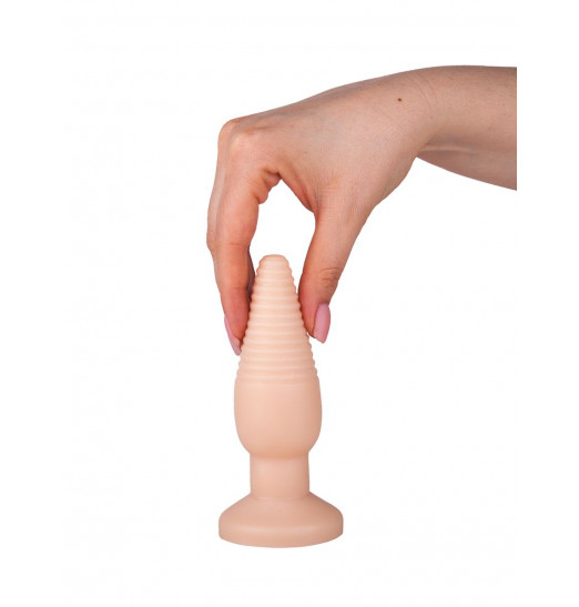 Телесная анальная пробка с рёбрышками - 14 см.