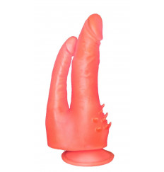 Розовый двойной фаллоимитатор с шипами и присоской - 17 см.