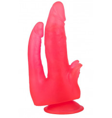 Розовый двойной фаллоимитатор с лепестками и присоской - 17 см.