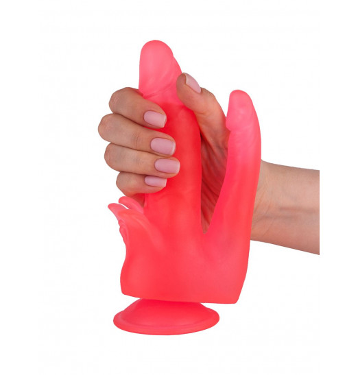 Розовый двойной фаллоимитатор с лепестками и присоской - 17 см.