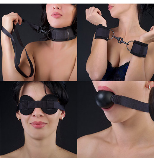 Чёрный комплект для БДСМ-игр: наручники, кляп-шарик, маска, ошейник