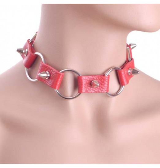 Кожаный красный ошейник с кольцами