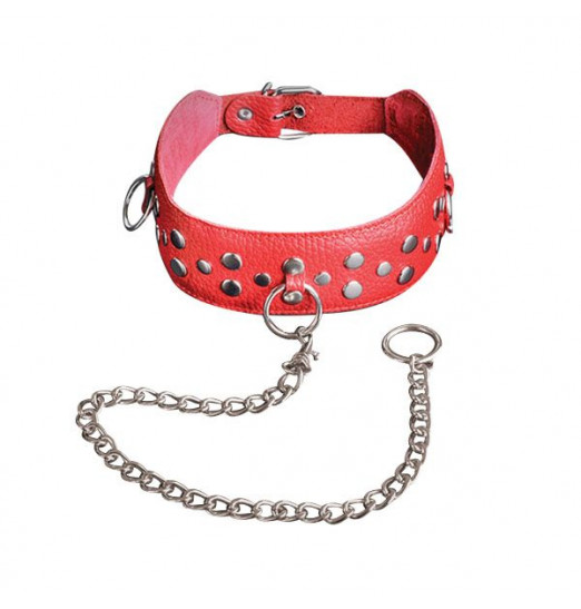 Красный кожаный ошейник с карабином и поводком