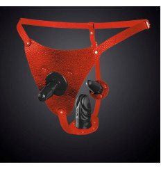 Красные кожаные трусики со штырьком и двумя съёмными стимуляторами Красные кожаные трусики со штырьком и двумя съёмными стимуляторами