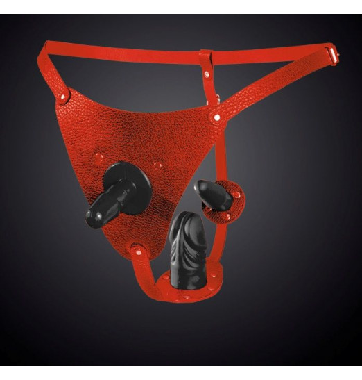 Красные кожаные трусики со штырьком и двумя съёмными стимуляторами