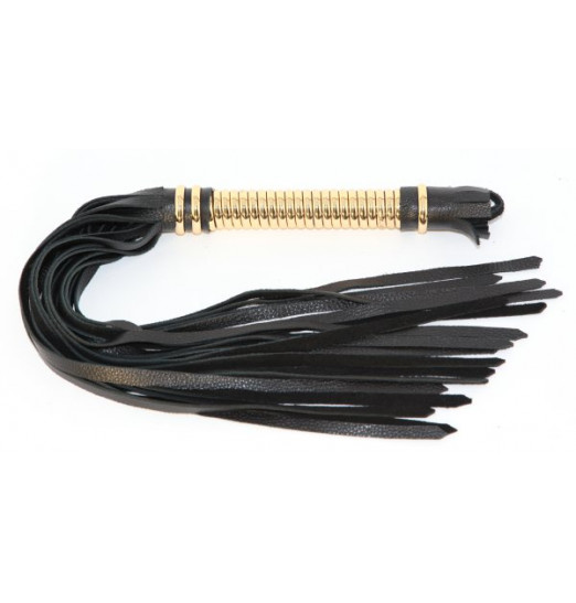 Чёрная кожаная плетка с золотистой рукоятью - 50 см.