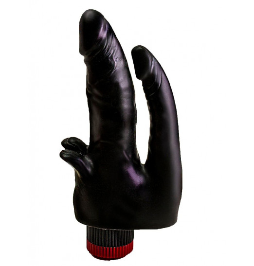 Чёрный вибромассажёр с двумя стволами и лепестками - 17 см.