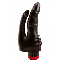 Чёрный вибромассажёр с двумя стволами и шипиками - 17 см.
