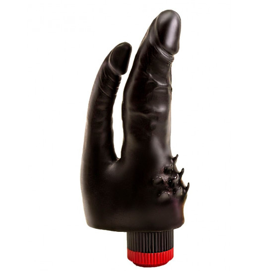 Чёрный вибромассажёр с двумя стволами и шипиками - 17 см.