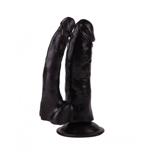 Двойной чёрный фаллоимитатор на присоске - 15 см. Двойной чёрный фаллоимитатор на присоске - 15 см.