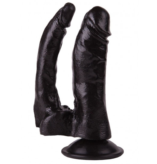 Двойной чёрный фаллоимитатор на присоске - 15 см. Двойной чёрный фаллоимитатор на присоске - 15 см.