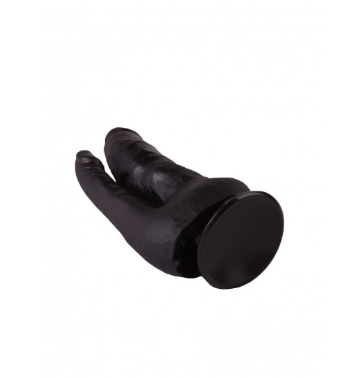 Двойной фаллоимитатор чёрного цвета на присоске - 17 см. Двойной фаллоимитатор чёрного цвета на присоске - 17 см.