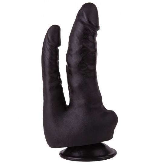 Двойной фаллоимитатор чёрного цвета на присоске - 17 см. Двойной фаллоимитатор чёрного цвета на присоске - 17 см.