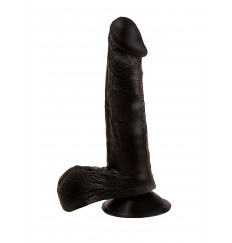 Чёрный фаллоимитатор с мошонкой на подошве-присоске - 16,5 см.