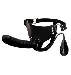 Черный большой страпон с функцией расширения - 15 см.