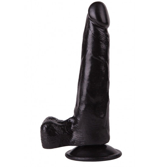 Фаллоимитатор с мошонкой на присоске чёрного цвета - 16,5 см. Фаллоимитатор с мошонкой на присоске чёрного цвета - 16,5 см.