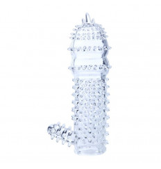 Прозрачная насадка на пенис с шипами и стимулятором клитора - 14,2 см.