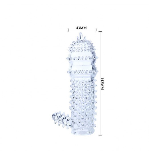 Прозрачная насадка на пенис с шипами и стимулятором клитора - 14,2 см. Прозрачная насадка на пенис с шипами и стимулятором клитора - 14,2 см.