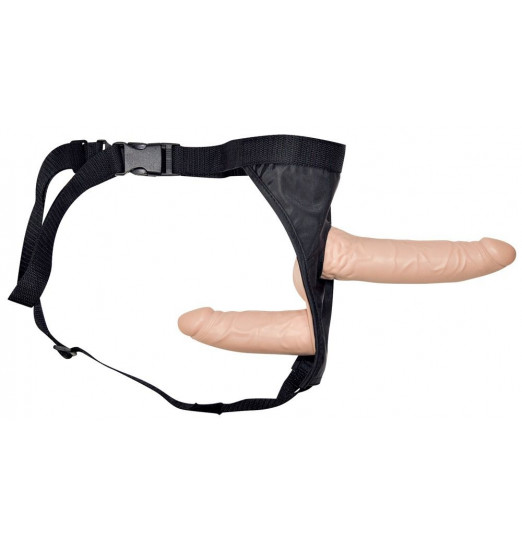 Телесный страпон с вагинальной пробкой Double Dong Strap-On - 19 см.